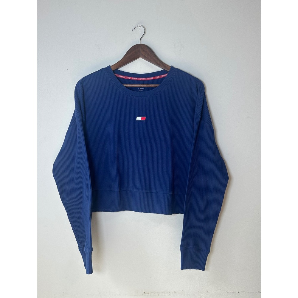 Vintage 90s Tommy Hilfiger Sport Navy Ribbed Cropped Long Sleeve Top Large